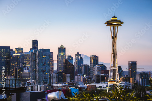 Space Needle and skyline at dawn, Seattle, Washington State, USA photo