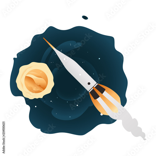 Cartoon rocket flying in outer space on background of planets, stars. Silver spaceship space transportation. Space shuttle, symbol of science, cosmos exploration, business startup. Vector illustration