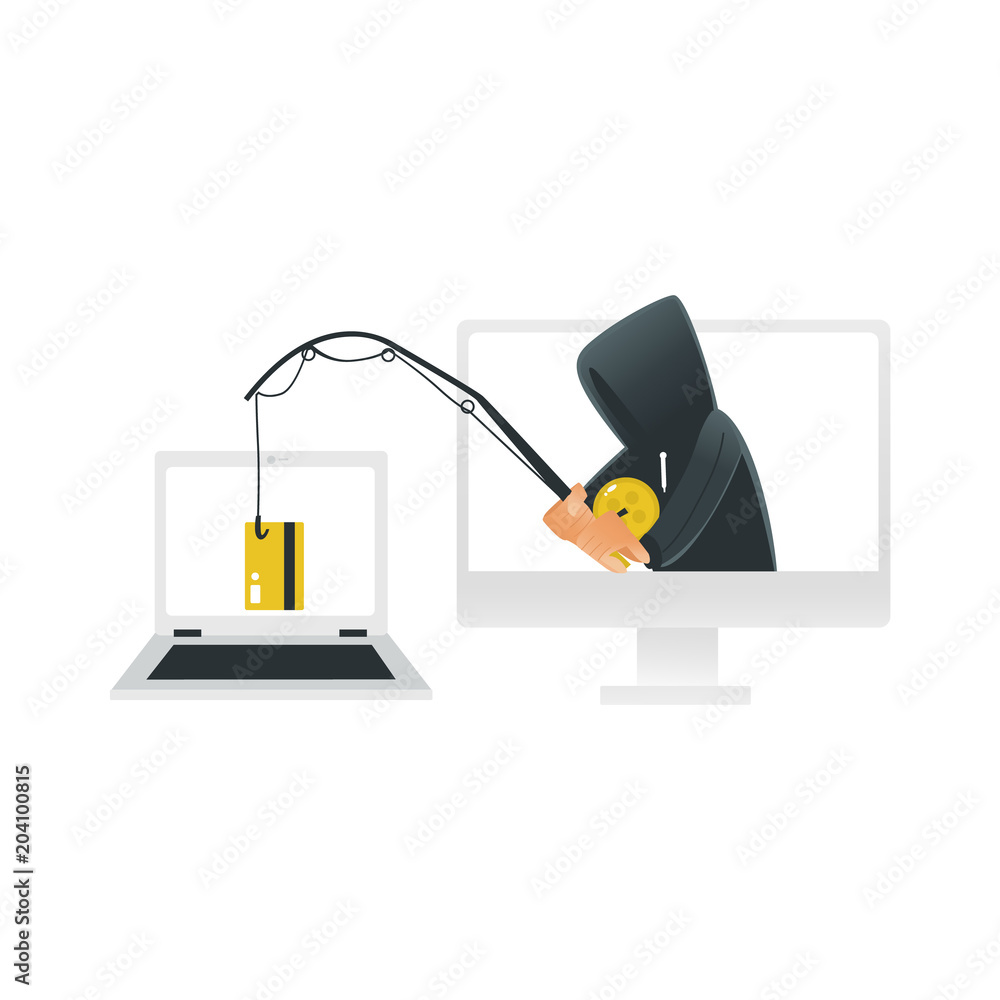 Hacker phishing and stealing from laptop data and money from bank credit card isolated on white background. Cartoon vector illustration of male character of computer criminal thief. Hacker phishing and stealing from laptop data and money from bank credit card isolated on white background. Cartoon vector illustration of male character of computer criminal thief.