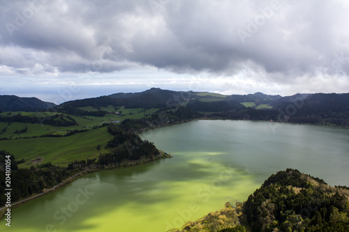 Beautiful Lagoon with forest surrounding . Furnas Lagoon landscape