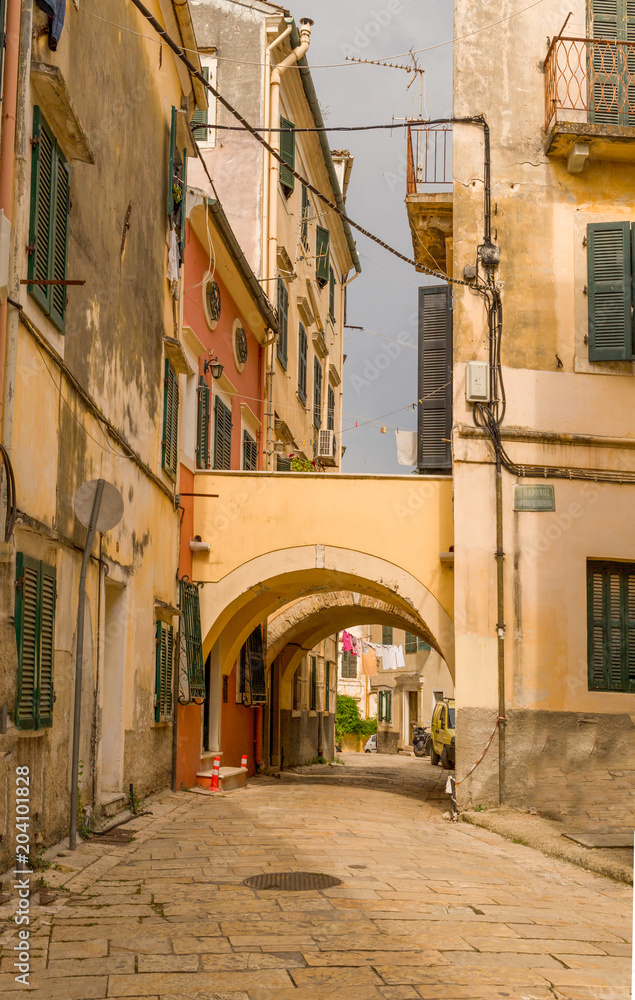 corfu island city, alleys houses buildings , Greece