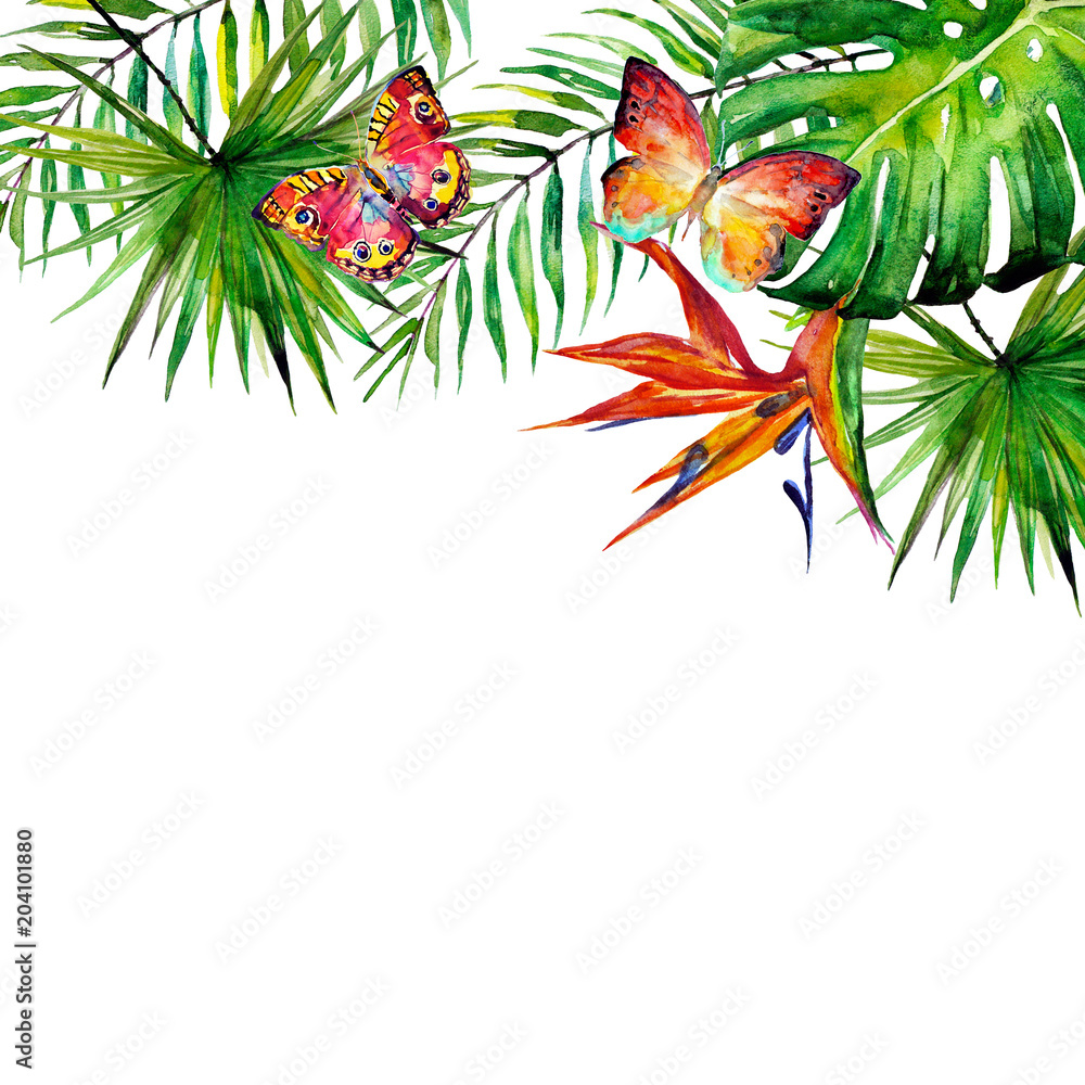 Obraz premium beautiful tropical palm leaves and flowers, watercolor