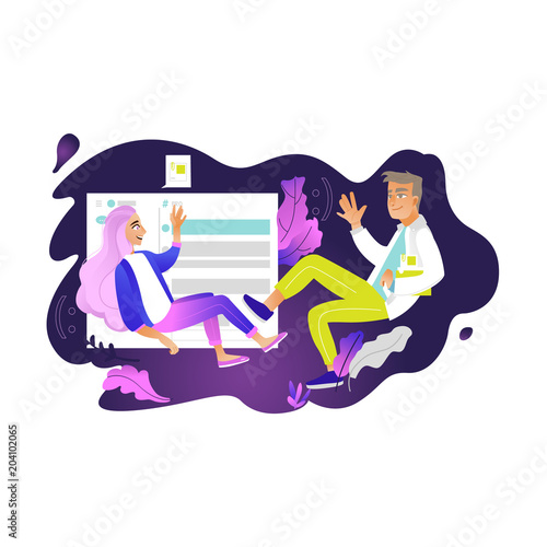 Chatting girl and boy - young woman and man fly in weightlessness surrounded by digital chat elements and message bubbles isolated on white background. Cartoon vector illustration.
