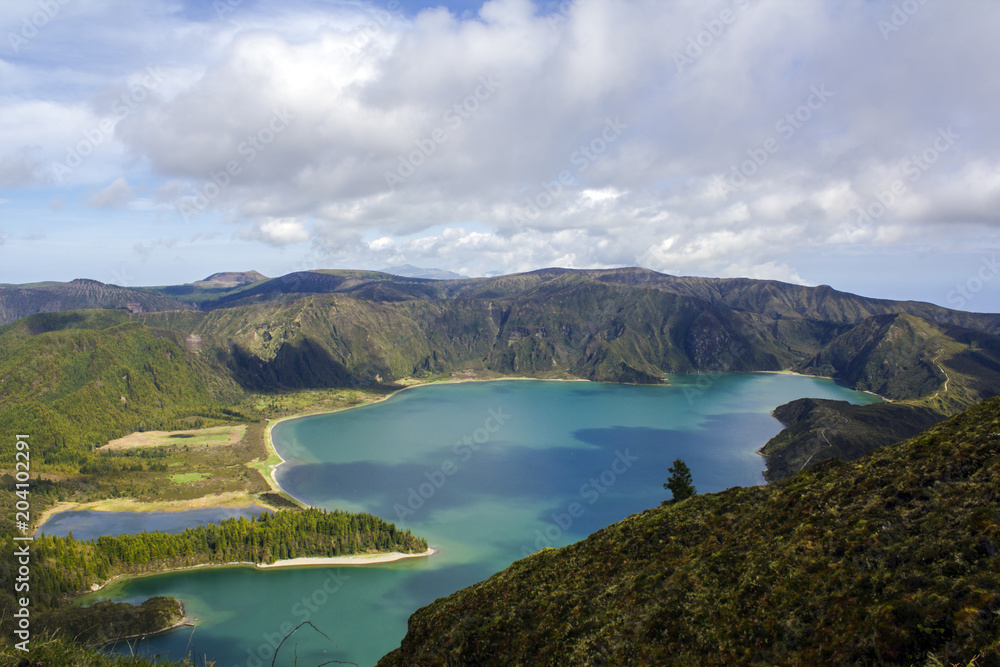 Stunning landscape with lagoon in volcanic crater in volcanic Island. Lagoa do fogo, Azores