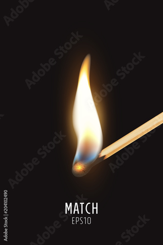 Vector 3d realistic burning match stick icon closeup on dark background. Symbol of ignition, burning and withering. Design template, clipart for graphics