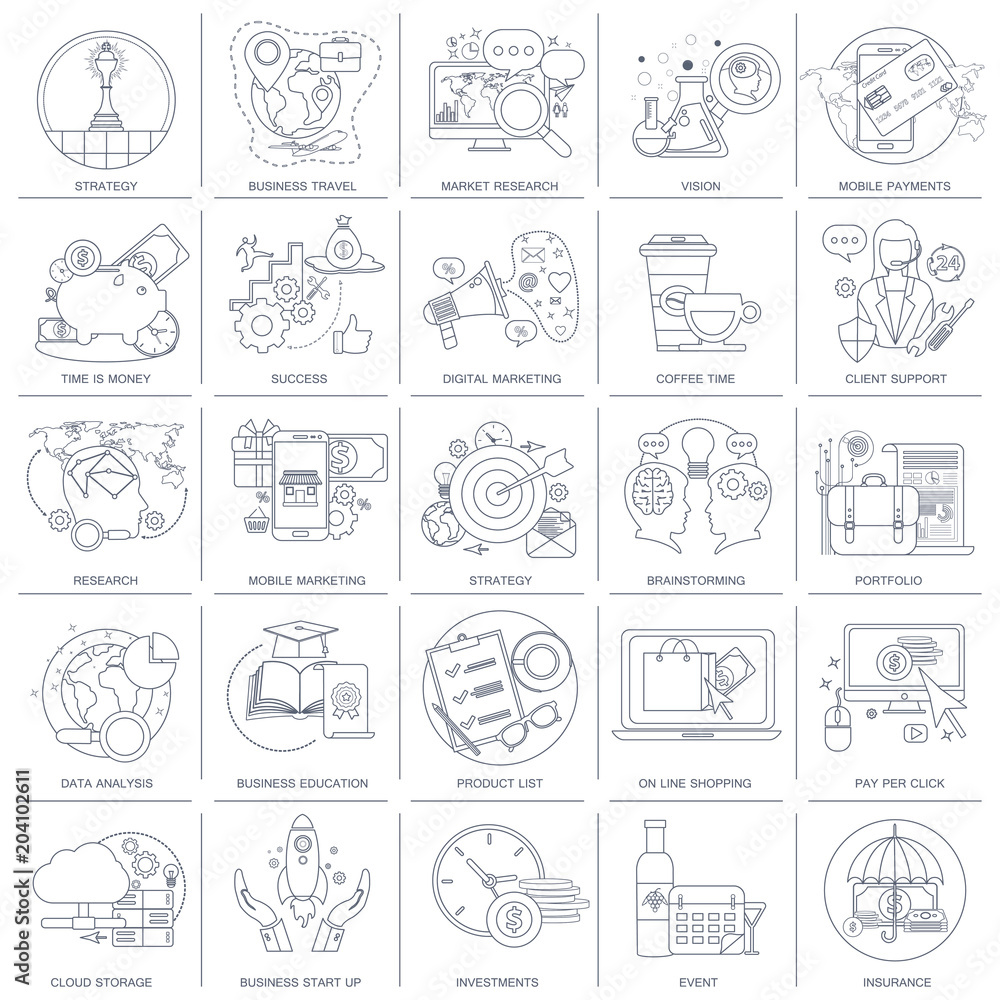 Obraz premium Set of flat design icons for business, pay per click, creative process, searching, web analysis, time is money, on line shopping. Icons for website development and mobile phone services and apps. 