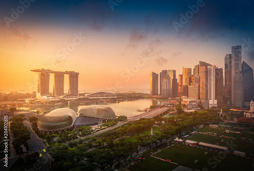 Singapore Skyline and view of skyscrapers on Marina Bay at sunsrise.