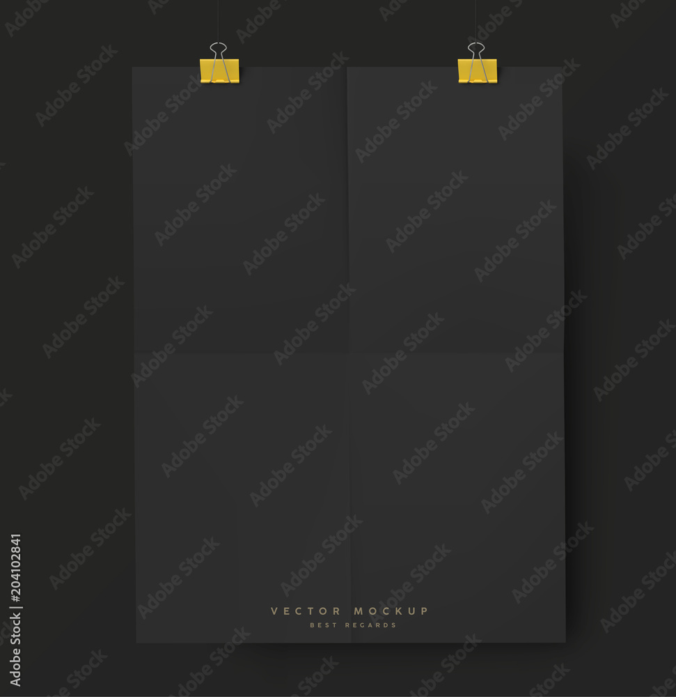 Hanging on clips Banner. Black on black Vector folded A4 sheet of paper for poster design.