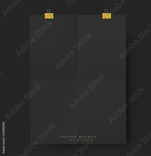 Hanging on clips Banner. Black on black Vector folded A4 sheet of paper for poster design.