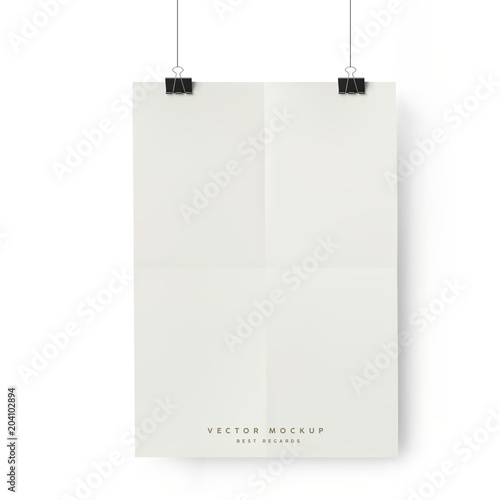 White Banner Hanging on clips. Vector folded A4 sheet of paper for poster design.