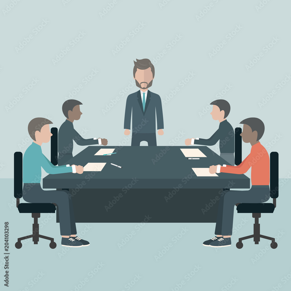 Business meeting, presentation or conference in office. Business people discussing about business plans concept. Flat vector illustration Business meeting, presentation or conference in office. Business people discussing about business plans concept. Flat vector illustration