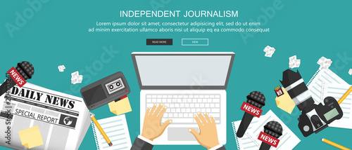 Independent journalism flat banner. Equipment for journalist on desk. Flat vector illustration
