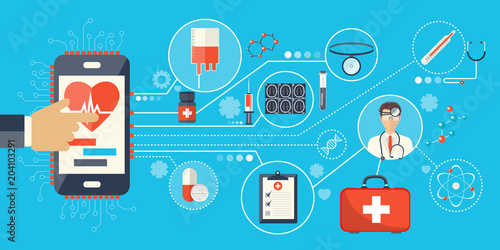 Health care and medicine concept. On line help and health care mobile applications development. On line doctor. Flat vector illustration