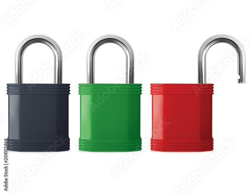 Padlock in the open and closed position. Realistic vector 3d illustration