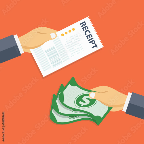 Paying bills concept. One hand giving receipt bill and another hand giving cash money. Flat vector illustration for finances