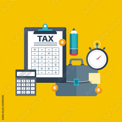 Tax payment. Government, state taxes. Data analysis, paperwork, financial research, report. Businessman calculation tax return. Flat design. Tax form vector. Payment of debt.