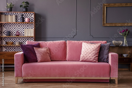 Pink velvet couch with decorative pillows standing in grey living room interior with vintage cupboard, fresh plants and molding on the wall