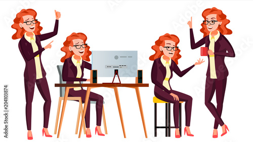 Office Worker Vector. Woman. Face Emotions, Various Gestures. Isolated Cartoon Character Illustration