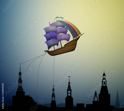magic ship flying, ship in the evening sky in clouds above the city, fairy dreamland sailor above the city,