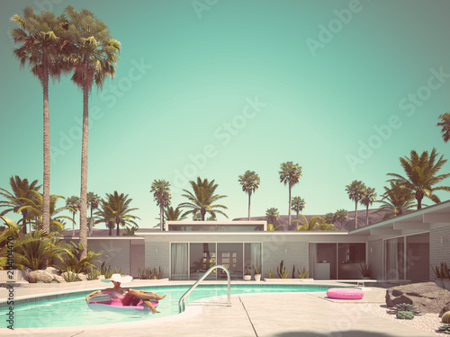 woman swimming on a float in a pool. 3d rendering