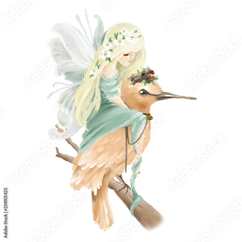 Beautiful hand painted oil fairy riding the enchanted bird with floral bouquet, flowers wreath on old wood branch isolated on white