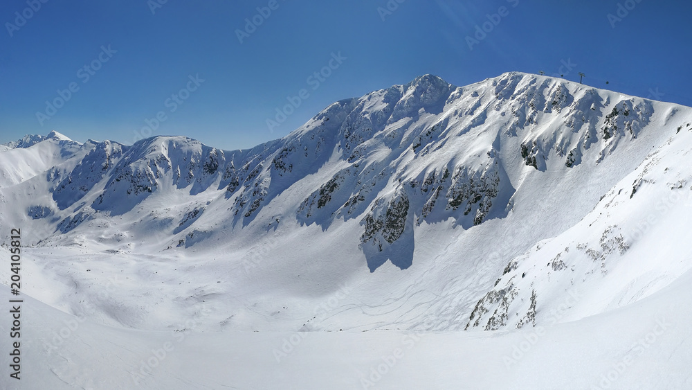 Panorama of Low Tatras with Mount Chopok peak on a sunny winter day.