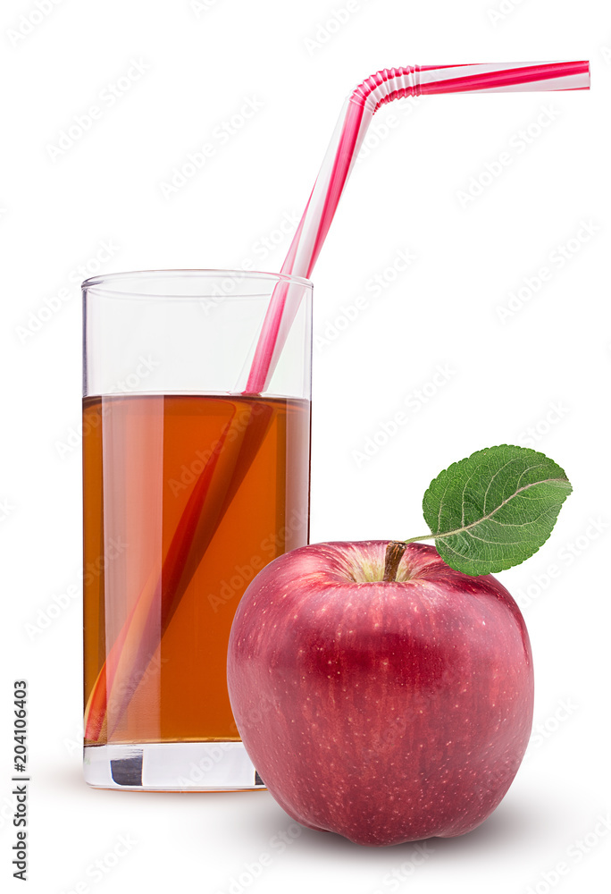 Red apples with green leaf. Glass of fresh apple juice straw pink striped Red apples with green leaf. Glass of fresh apple juice straw pink striped