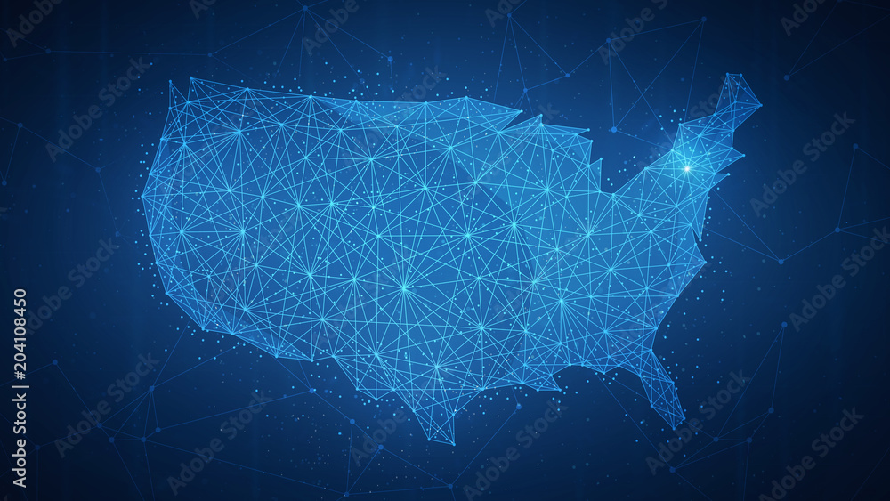 Fototapeta Wielokąta mapa USA z siecią blockchain technologii peer to peer na futurystycznym tle hud. Sieć, biznes p2p, handel elektroniczny, handel bitcoinami i koncepcja bankowości biznesowej blockchain kryptowaluty.