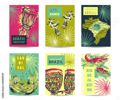 Brazil carnival template design for posters, banners, flyers, placards, brochures. Drums tam tam, maracas, brazil map, parrot, mask and palm leaves. Traditional symbols set. Vector illustration 