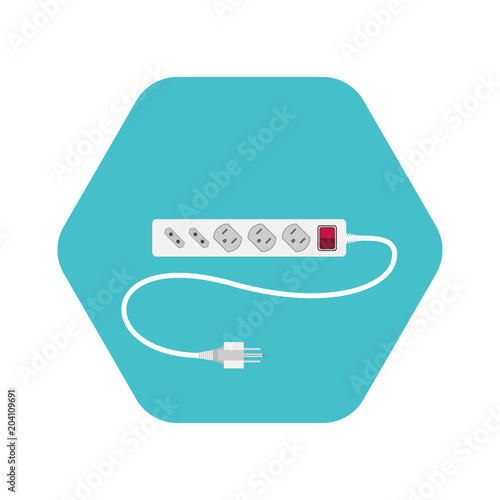 Illustration of icon of electric extension cord with different outlets by type B and C on the turquoise hexagon background with shadow.