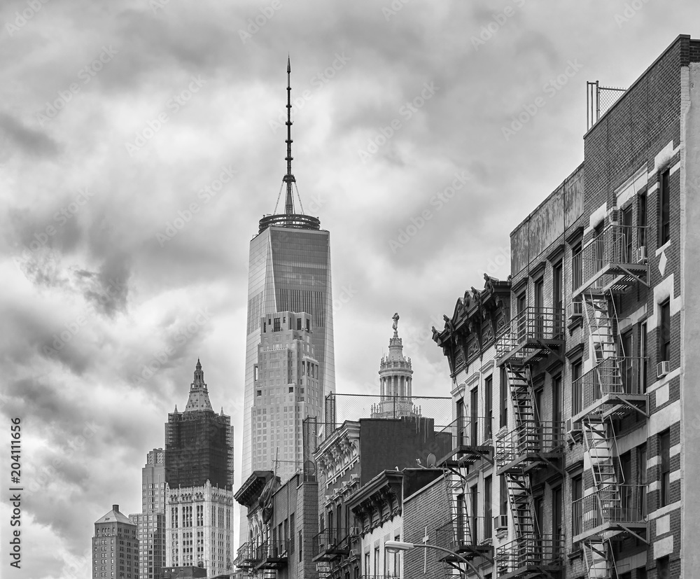 Black and white picture of Manhattan architecture, New York City, USA.