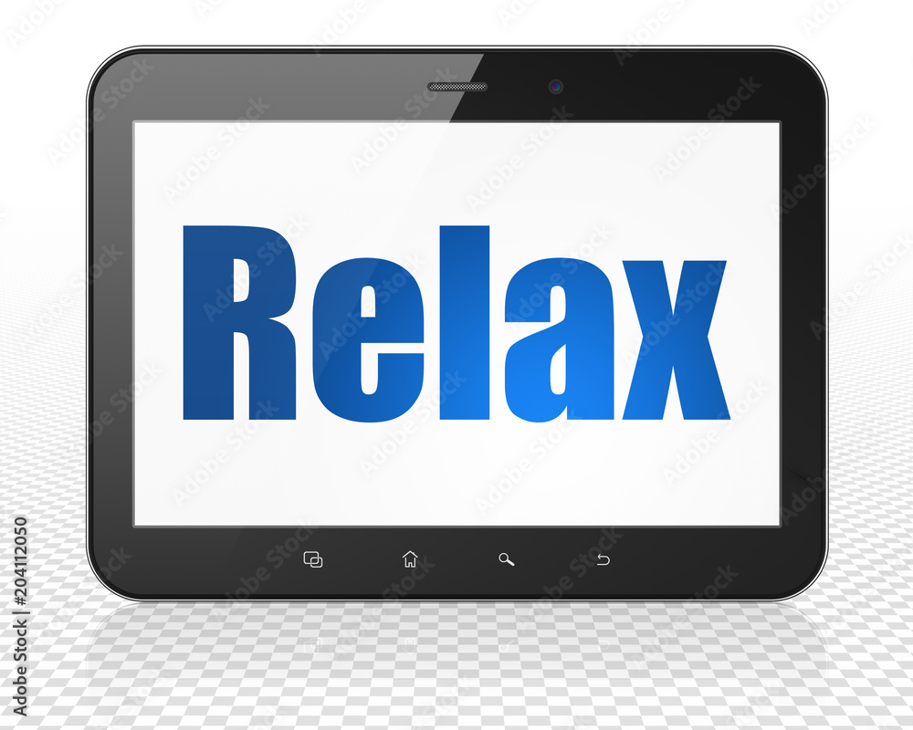 Entertainment, concept: Tablet Pc Computer with blue text Relax on display, 3D rendering Entertainment, concept: Tablet Pc Computer with blue text Relax on display, 3D rendering