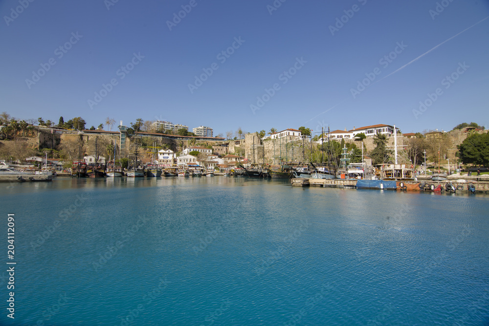 Antalya, Turkey - January 03, 2018: The historic old port of Antalya province, Kaleici- Oldtown of Antalya