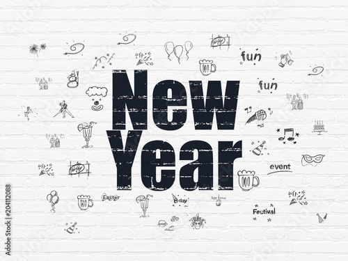 Holiday concept: Painted black text New Year on White Brick wall background with Hand Drawn Holiday Icons