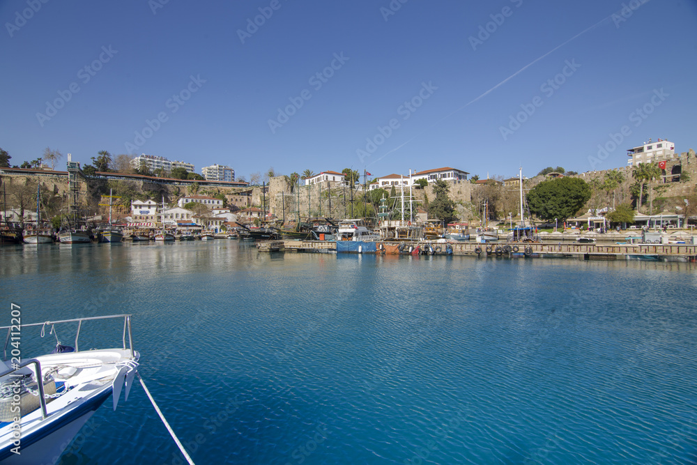 Antalya, Turkey - January 03, 2018: The historic old port of Antalya province, Kaleici- Oldtown of Antalya Antalya, Turkey - January 03, 2018: The historic old port of Antalya province, Kaleici- Oldtown of Antalya