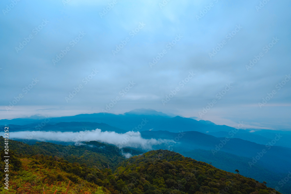 high mountains peaks range clouds in fog scenery landscape national park view outdoor  at Chiang Rai, Chiang Mai Province, Thailand