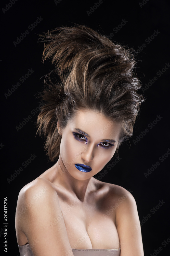 Portrait of a beautiful big breast asian naked shoulders, vanguard conceptual hairstyle and aggressive blue lips makeup girl Portrait of a beautiful big breast asian naked shoulders, vanguard conceptual hairstyle and aggressive blue lips makeup girl