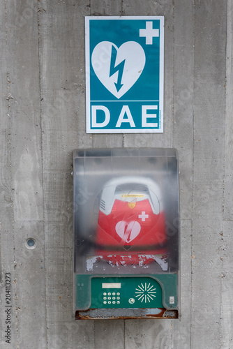 Defibrillator on a wall in france