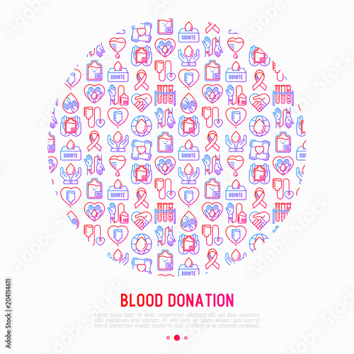 Blood donation, charity, mutual aid concept in circle with thin line icons. Symbols of blood transfusion, medical help and volunteers. Modern vector illustration, print media for World donor's day. © AlexBlogoodf