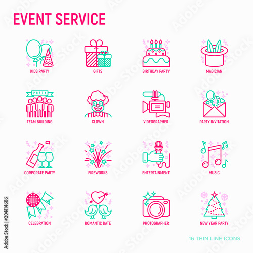 Event services thin line icons set: kids party, gifts, birthday, magician, clown, videographer, party invitation, corporate, fireworks, music, celebration, romatic date. Modern vector illustration.
