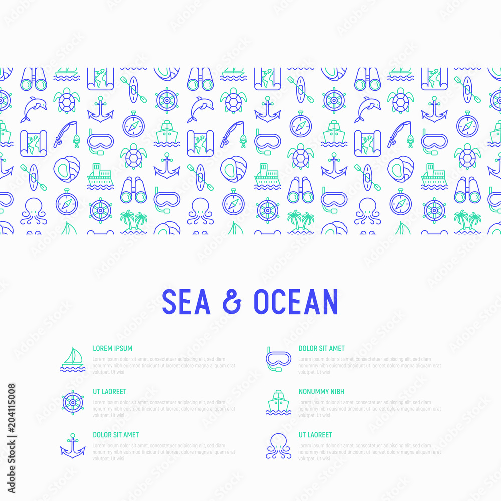 Sea and ocean journey concept with thin line icons: sailboat, fishing, ship, oysters, anchor, octopus, compass, steering wheel, snorkel, dolphin, sea turtle. Vector illustration, print media template. Sea and ocean journey concept with thin line icons: sailboat, fishing, ship, oysters, anchor, octopus, compass, steering wheel, snorkel, dolphin, sea turtle. Vector illustration, print media template.