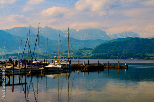 View on harbor in city Gmunden and mountains