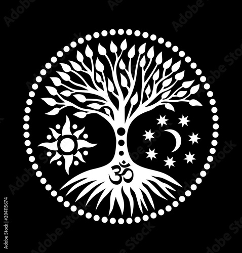 Mandala with the tree of life and the sign of Aum (ohm). Mystical symbol. The sun, the moon and the universe. Black and white graphics. Vector
