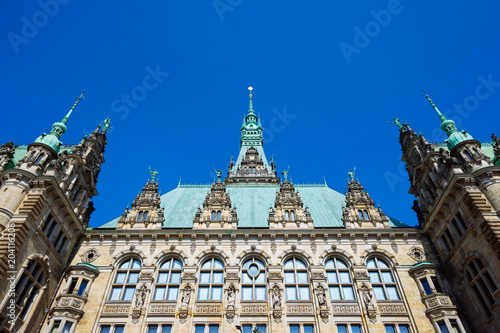 Beautiful famous Hamburg town hall building with green colored roof in Altstadt quarter, Hamburg, Germany