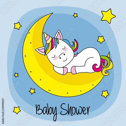 Baby shower card. unicorn sleeping on a moon