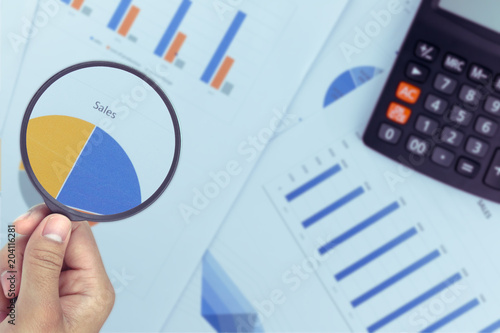 Business Analysis and Statistics Reports from sales charts last year using a magnifying glass.