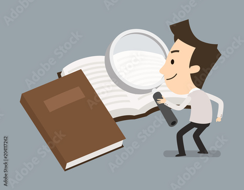 Management information retrieval, Business concept, Open a book and search, Vector illustration