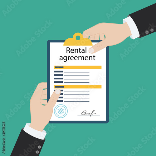 Rental agreement form contract. Signing document. Vector illustration flat design. Isolated on background.