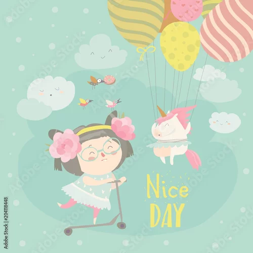 Obraz Śliczna dziewczyna z jej małym jednorożec