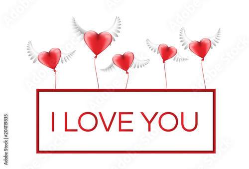 Angel wings with romantic red hearts and text i love you. Banner template.  Vector illustration